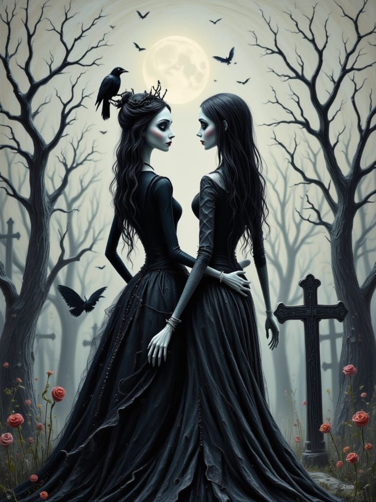 Wednesday and Morticia Addams in Cemetery, Gothic Art
