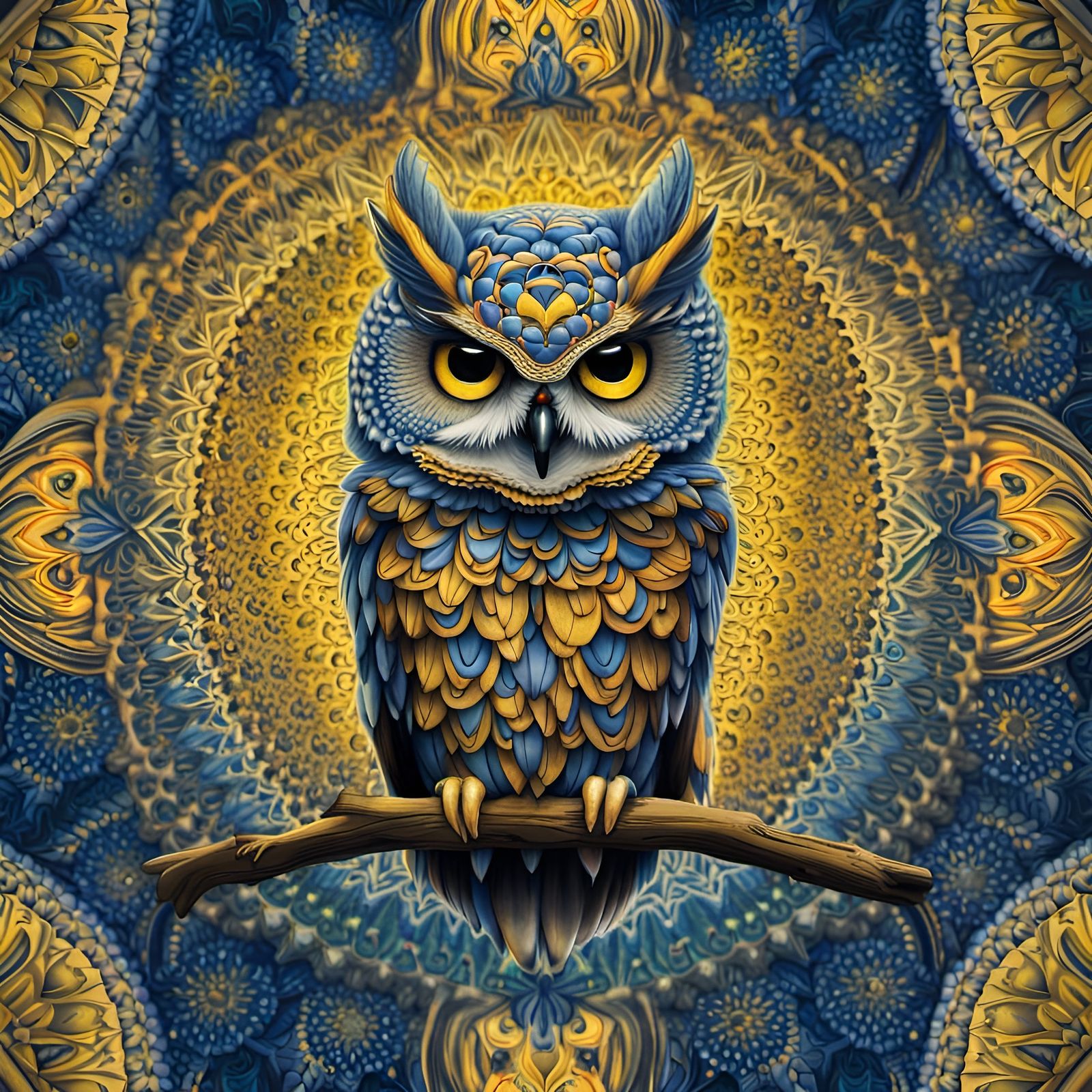Detailed Owl Mandala in Blues and Yellows