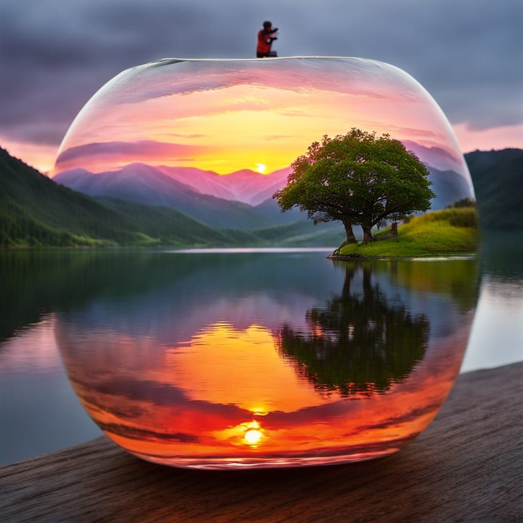 A Sunset Scene Reflected in a Glass Apple