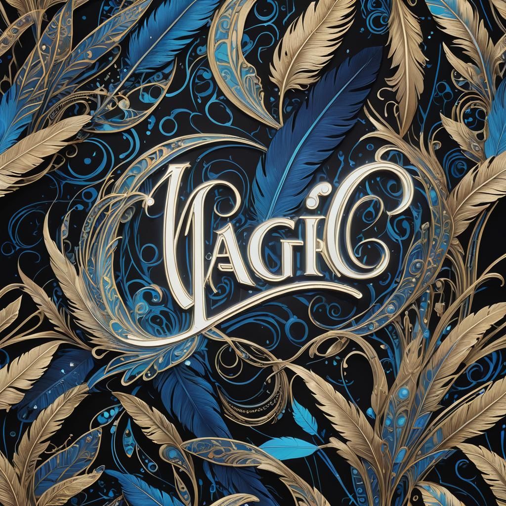 Feather quill pen writing the word “magic” in calligraphy, glowing ink letters, art nouveau