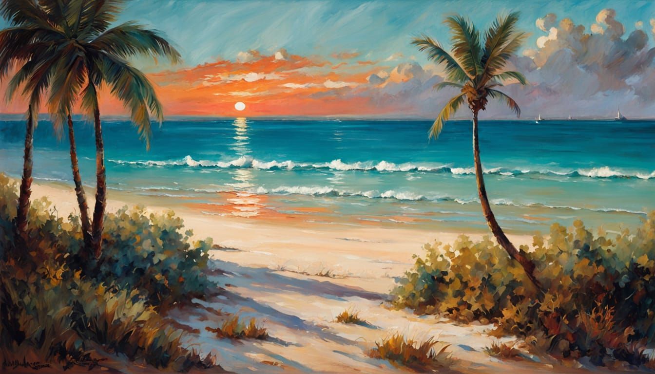 Surreal Tropical Beach Scene at Sunset