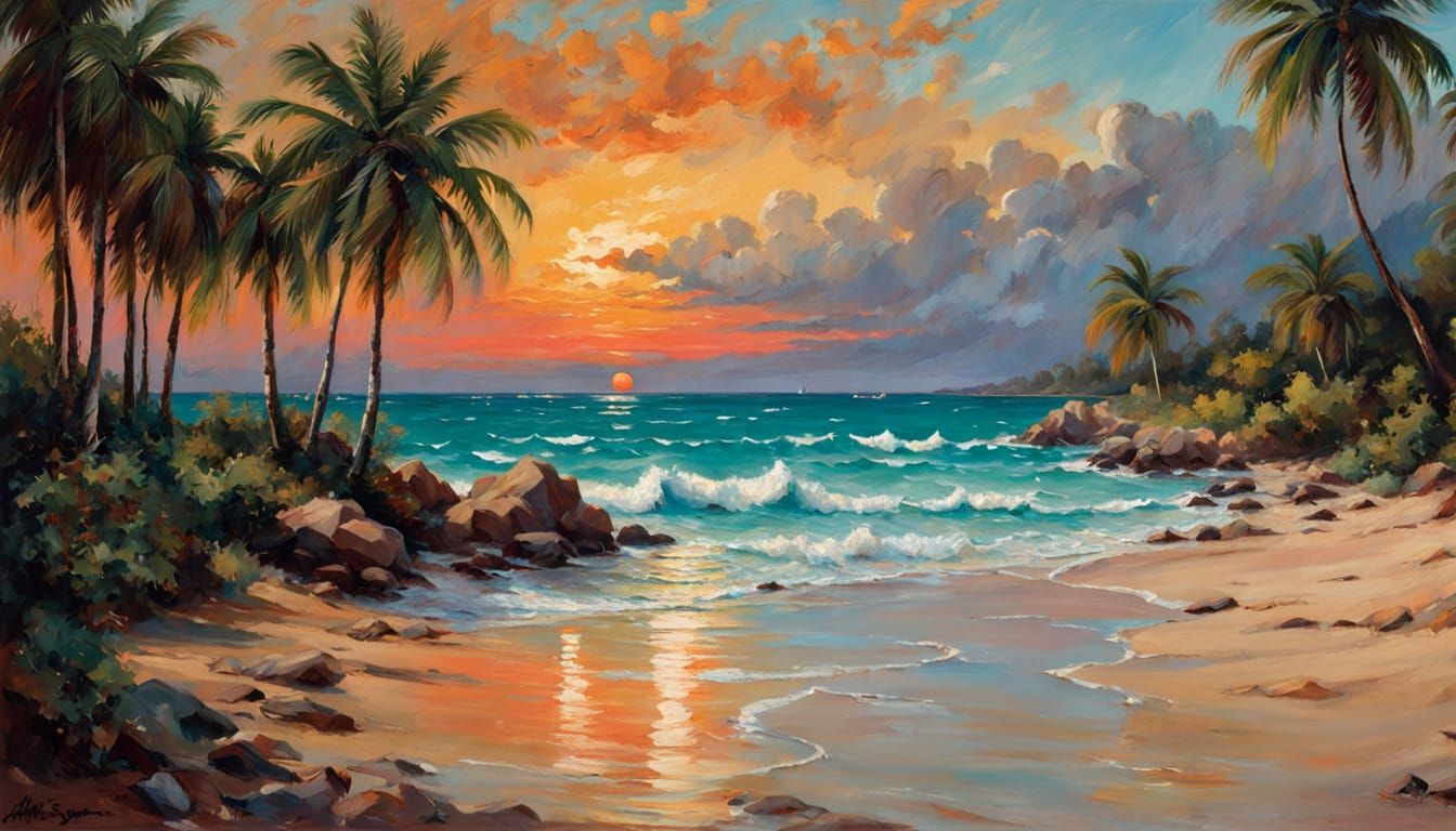 Vibrant Tropical Paradise Beach at Sunset
