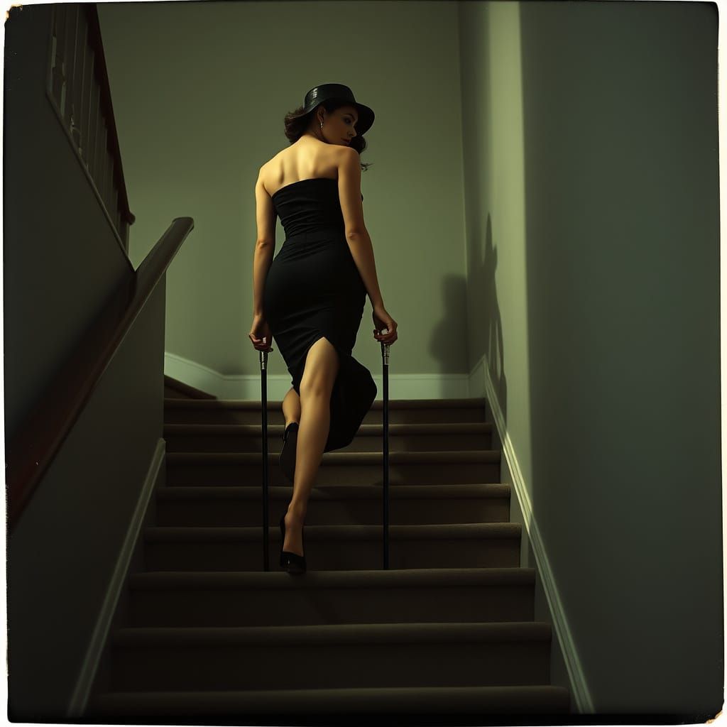 Sultry Femme Fatale Ascends Stairs in Vintage Noir Glamour