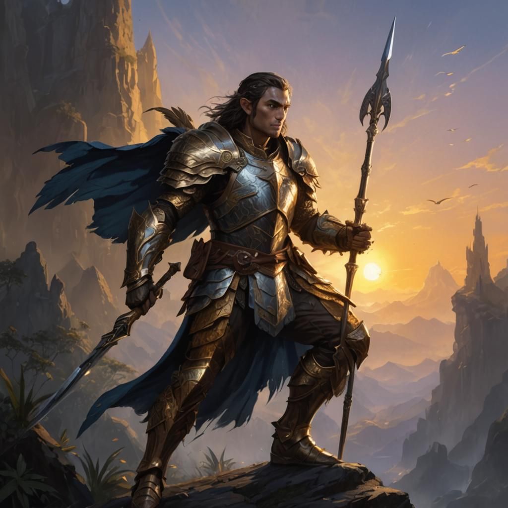 Half-Elf Paladin with Falcon Spear in Golden Hour