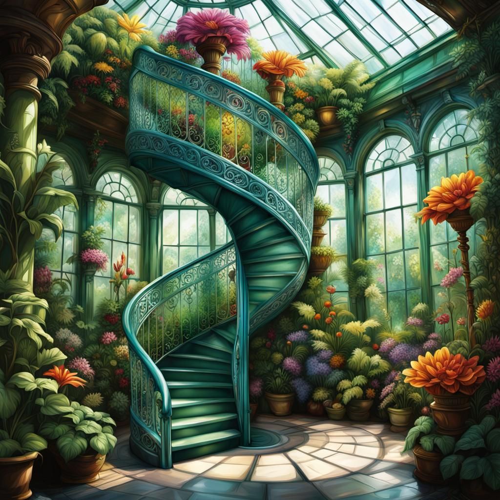 Intricate Staircase in Lush Ornate Greenhouse
