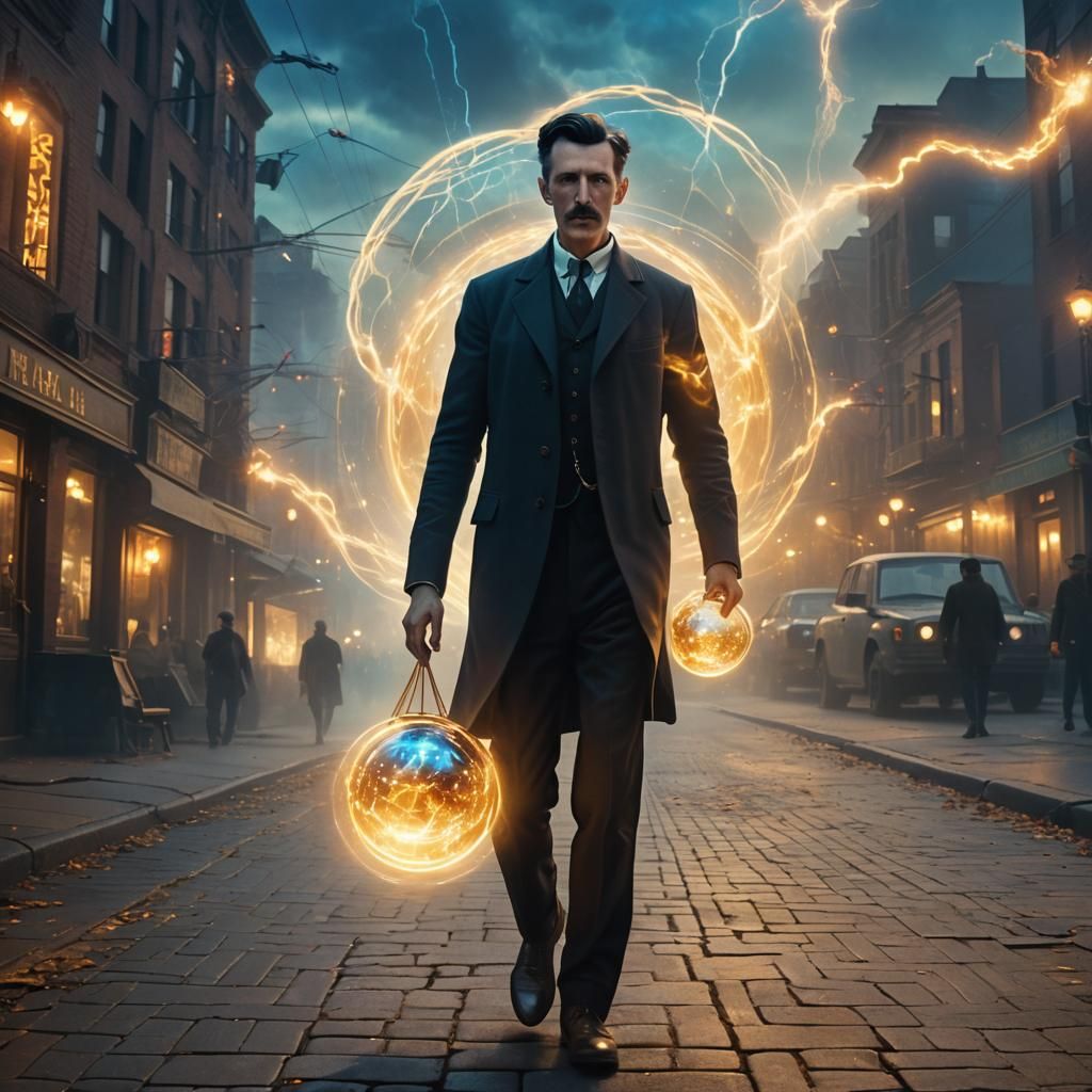 Tesla in Dreamlike Cityscape: Surrealist Digital Art