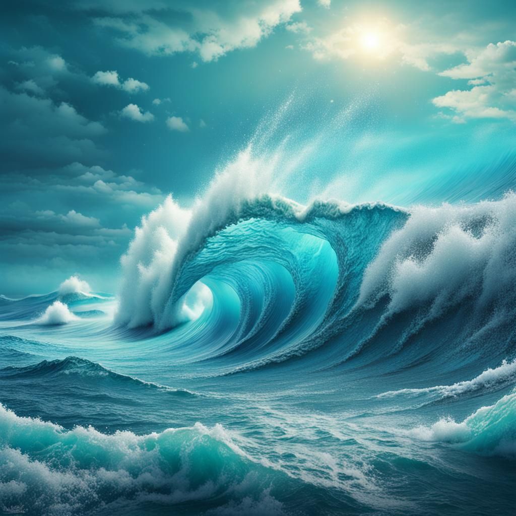 Surreal Ocean Waves in Bright Blue: Fantasy Concept Art