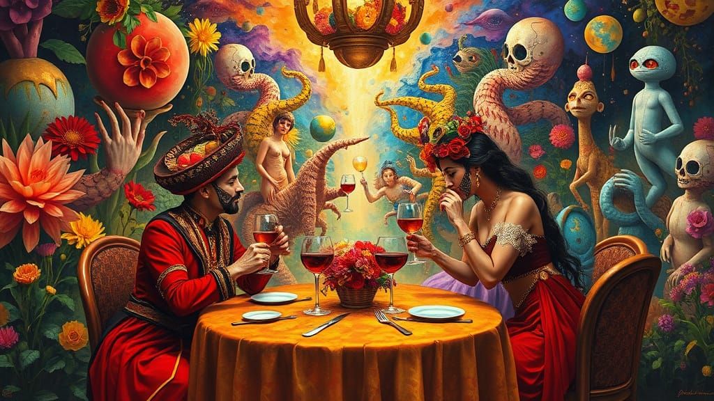 Psychedelic Surreal Garden Party in Maximalist Style