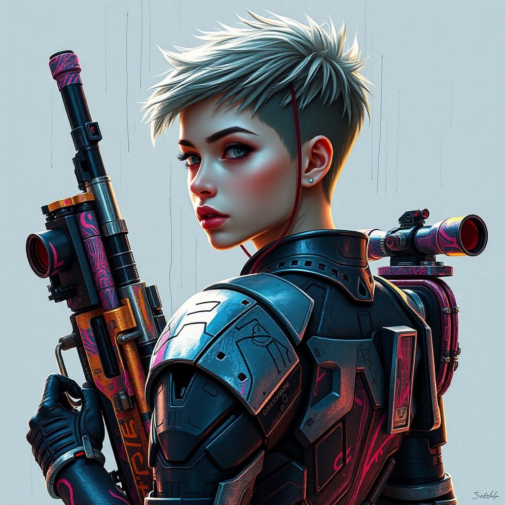 Androgynous Warrior in Futuristic Armor with Sniper Rifles