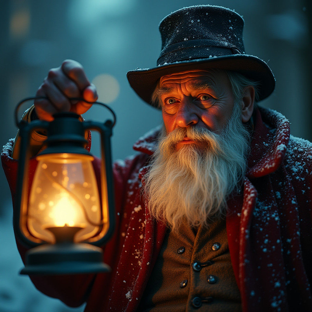 Ebenezer Scrooge in Victorian London with Lantern