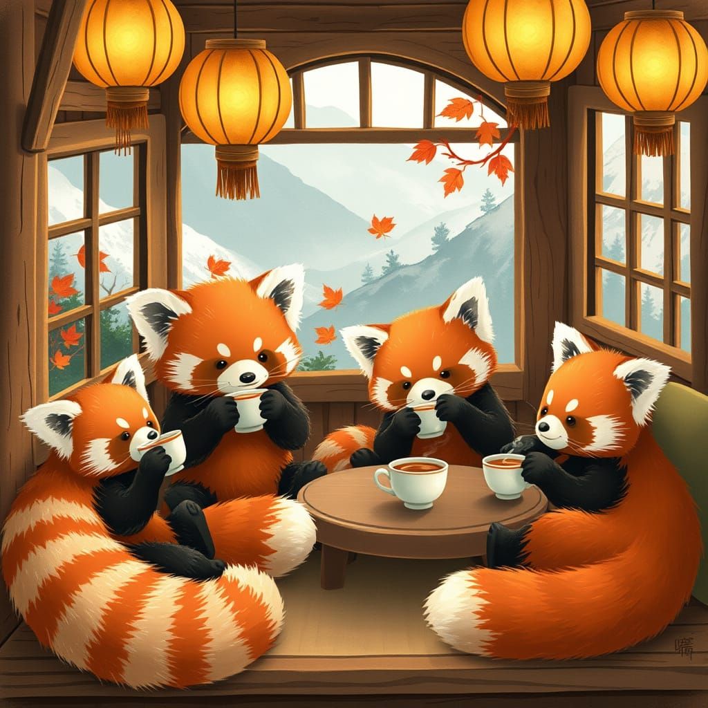 Red Pandas Enjoy Tea in Cozy Mountain House