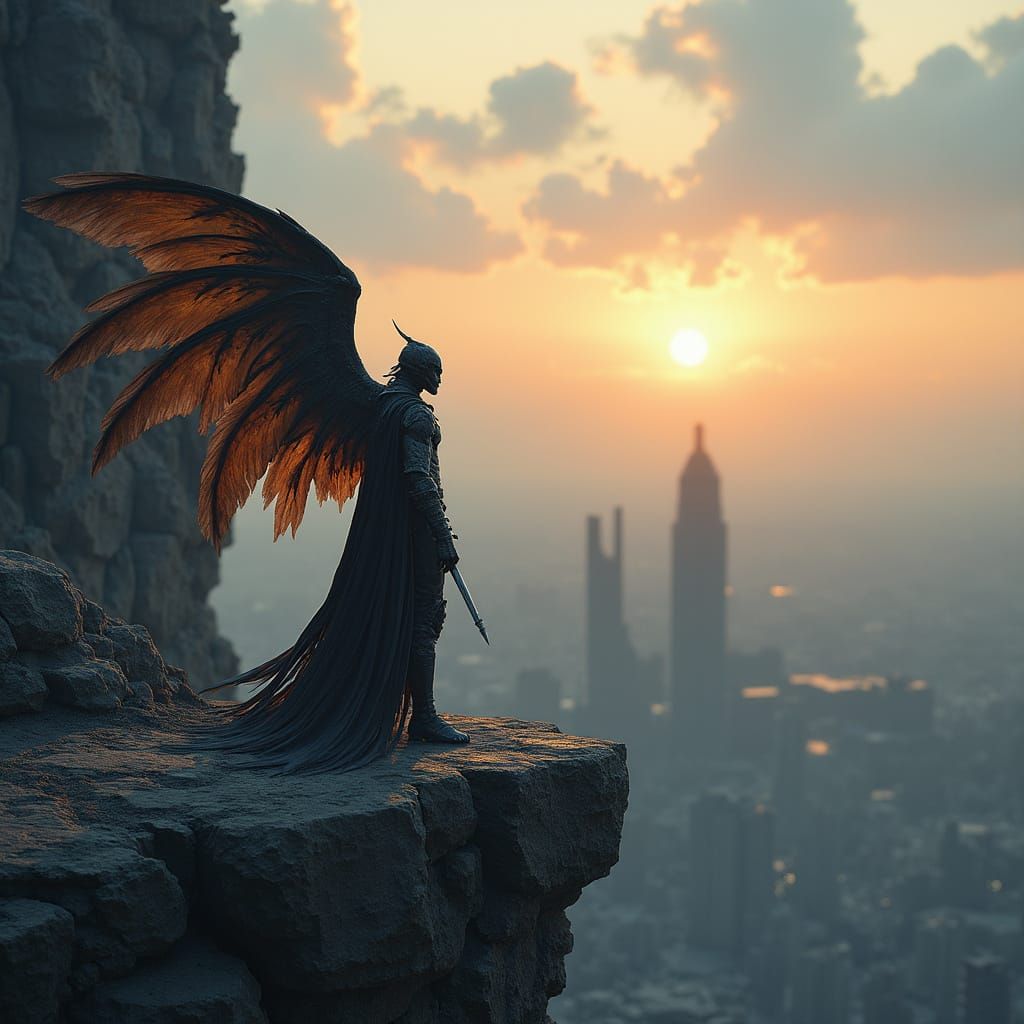 Post-Apocalyptic Winged Warrior at Dusk