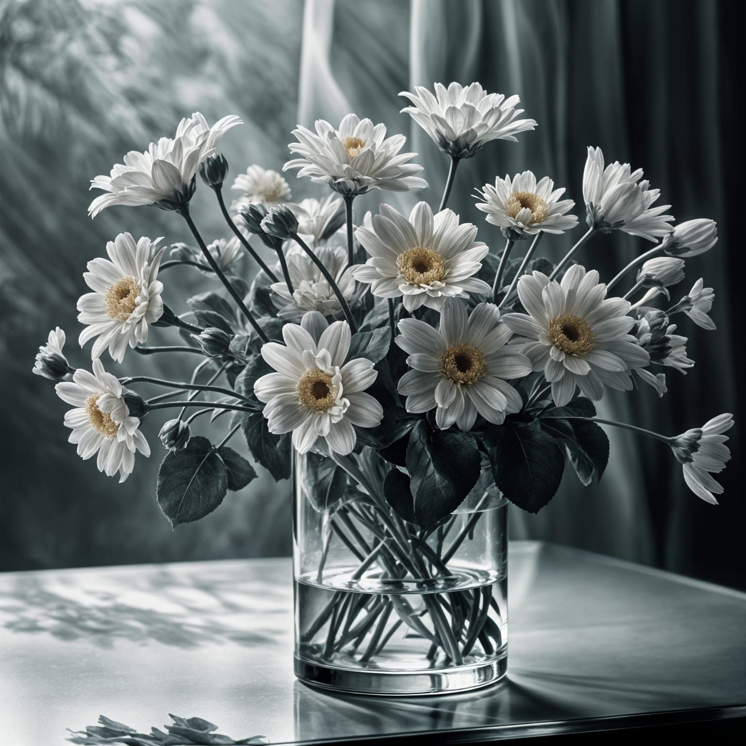 Minimalist Bouquet on Glass Table: Hyperrealistic Image