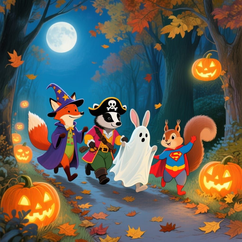 Forest Animals Trick-or-Treating in Halloween Costumes