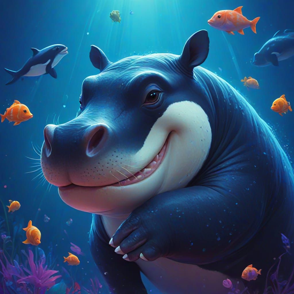 Vibrant Digital Art of a Smiling Orca and Hippo in Playful E...