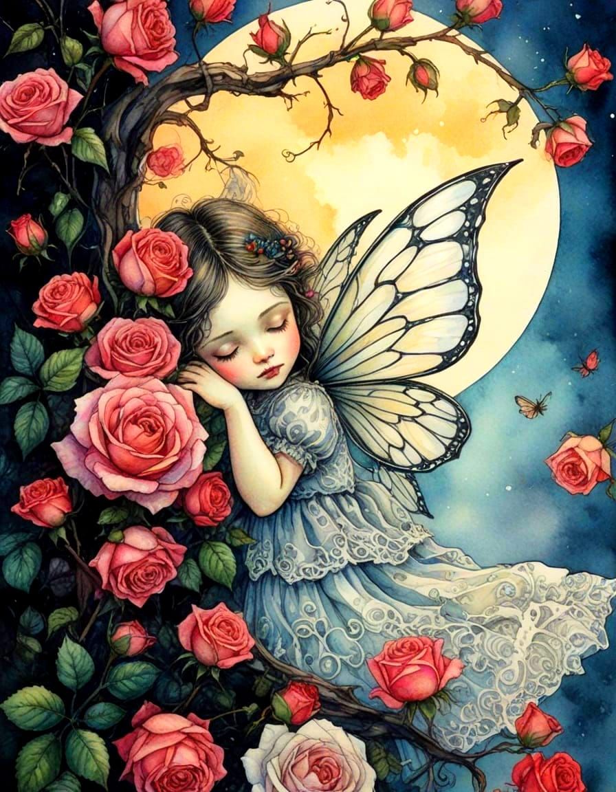 Sleeping Fairy in Moonlight: Gothic Watercolor Painting