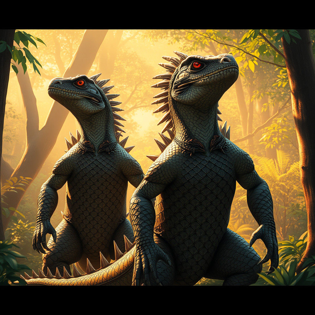 Lizard Warriors in a Ghibli-esque Forest