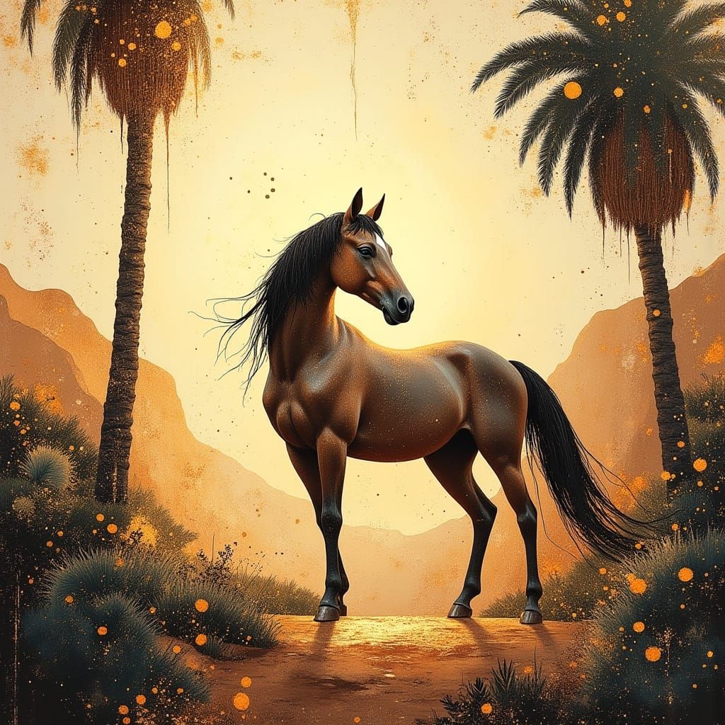 Majestic Arabian Horse in Desert Oasis Digital Painting