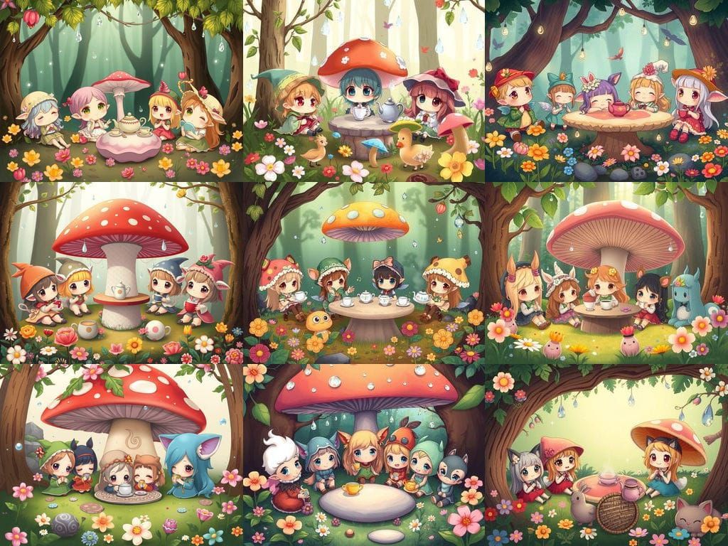 Chibi Forest Spirits Tea Party in Kawaii Style