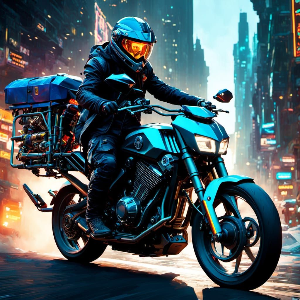 Wizard Rides Futuristic Motorcycle in Masterpiece Fantasy Ar...