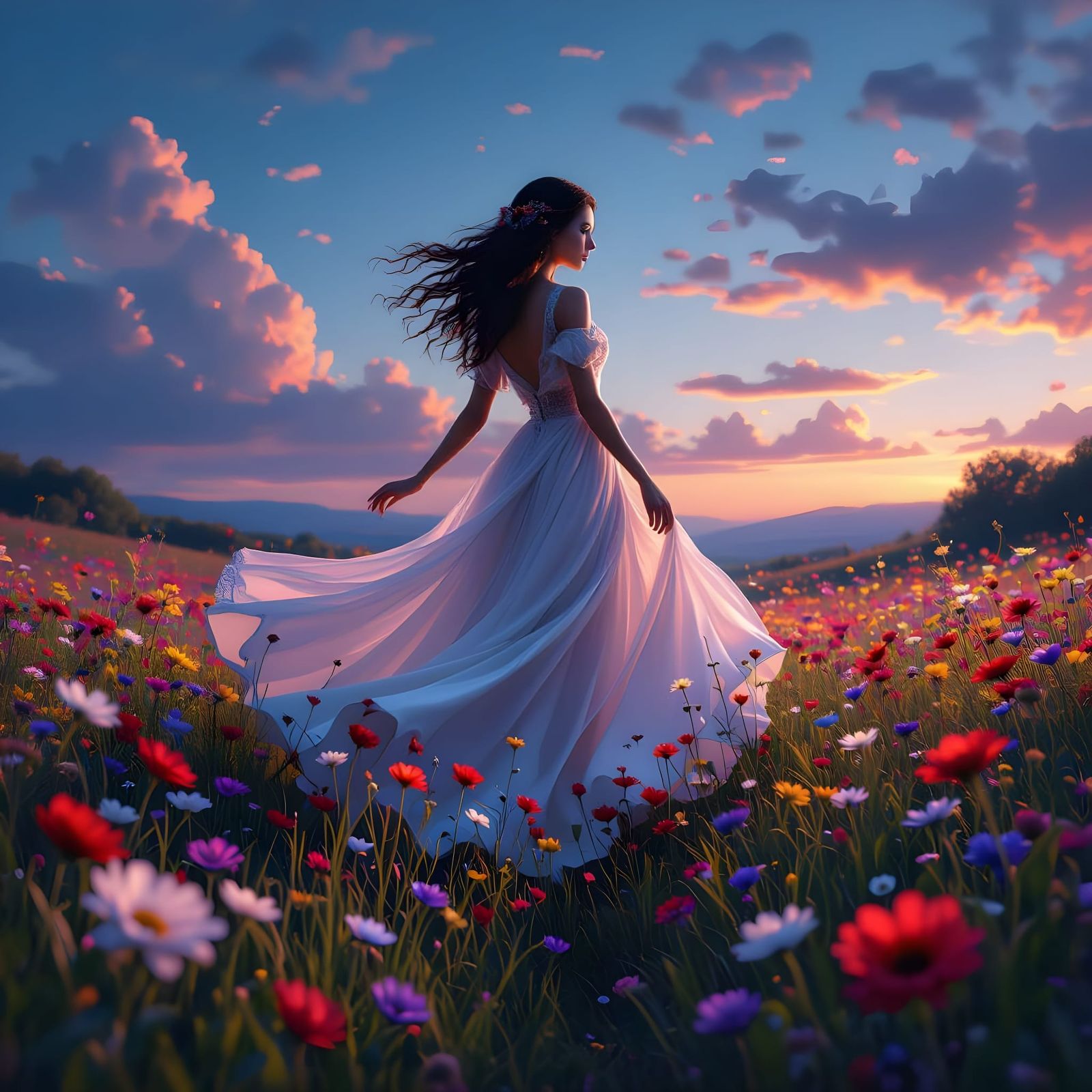 Ghostly Woman in Flowery Meadow, Detailed Matte Painting