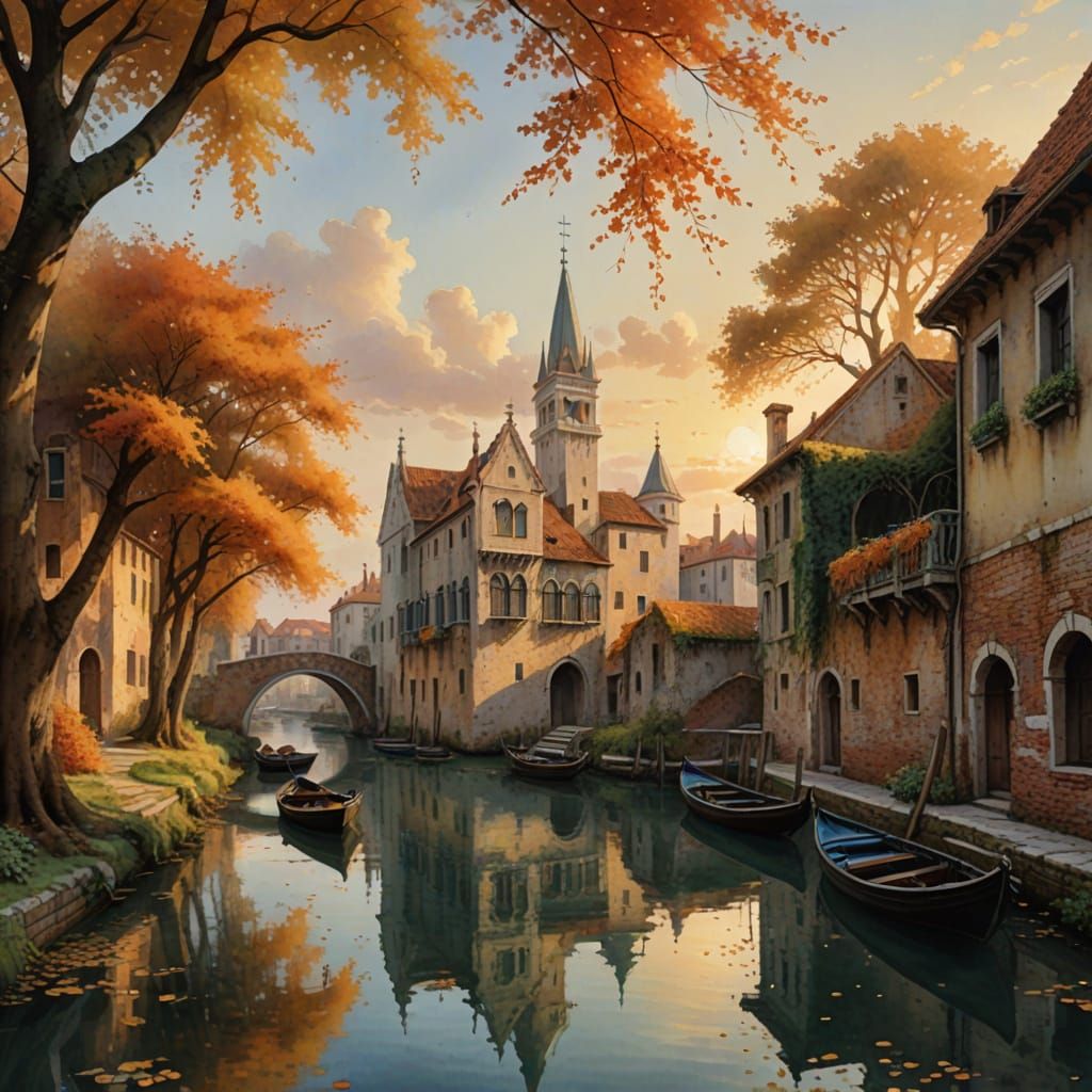 Mossy Medieval Castle in Venice at Autumn Sunrise Watercolor