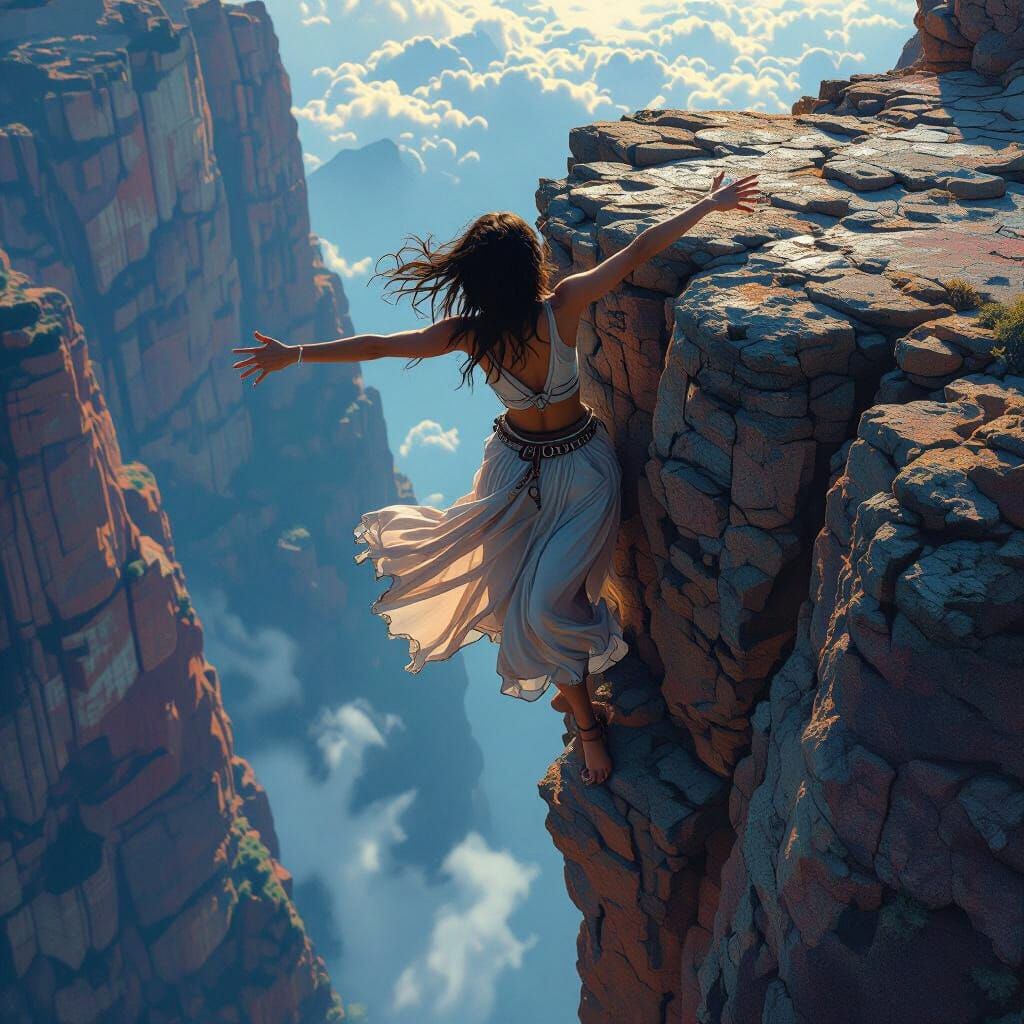 Woman on Cliff Edge About to Fall, Hyperrealistic Art