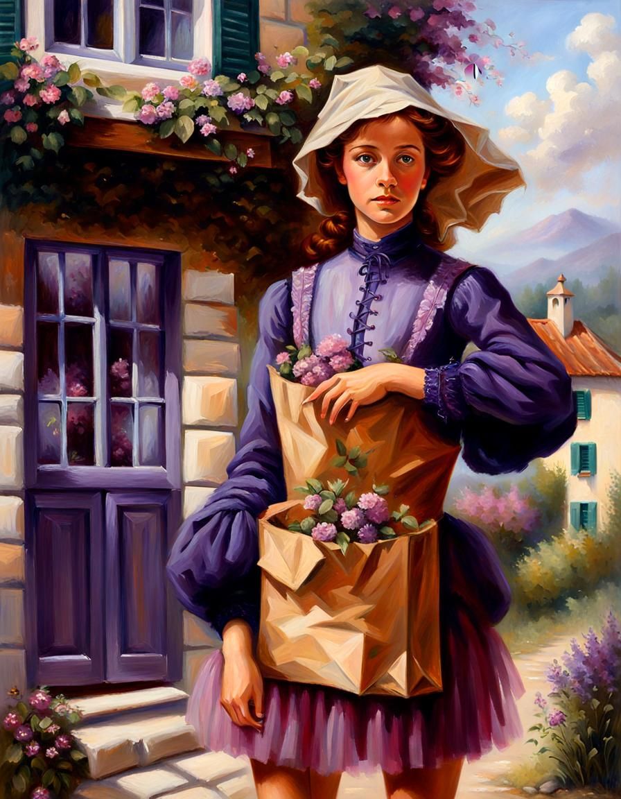 Woman in Paper Bag Hat, Acrylic Painting