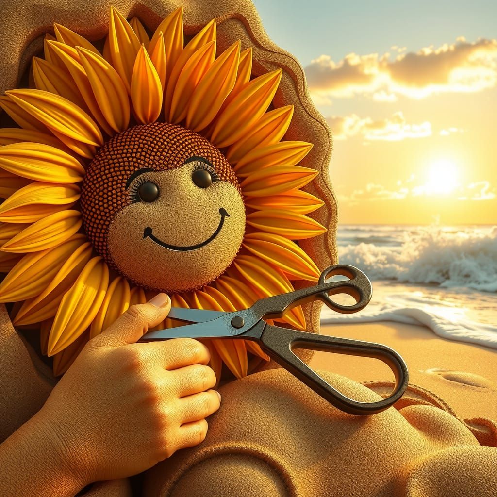 Detailed Sunflower Smiling on Beach at Sunset