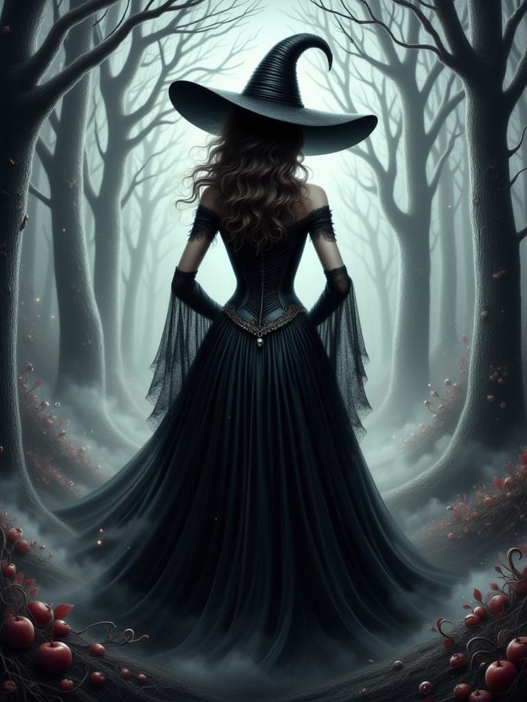 Ethereal Gothic Witch in Misty Forest Illustration