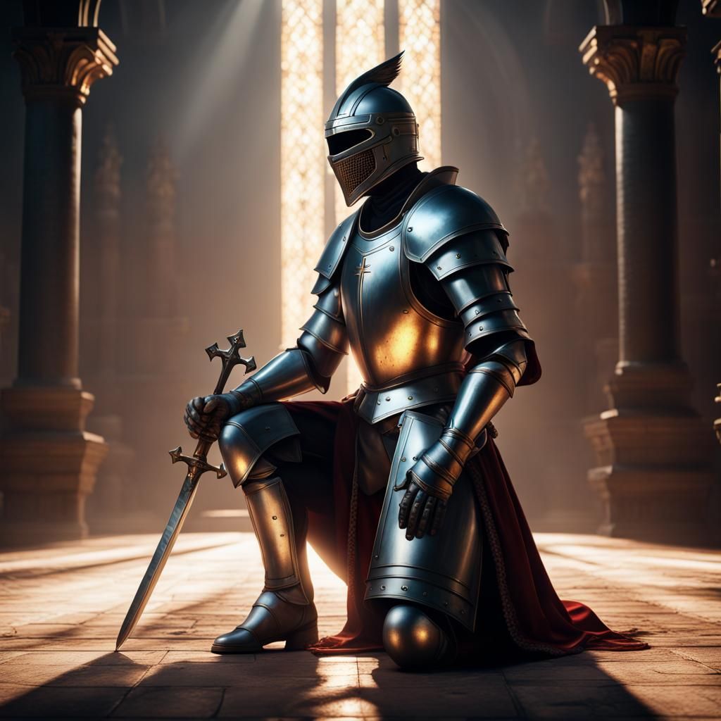 Kneeling Knight Praying with Sword in Radiant Light