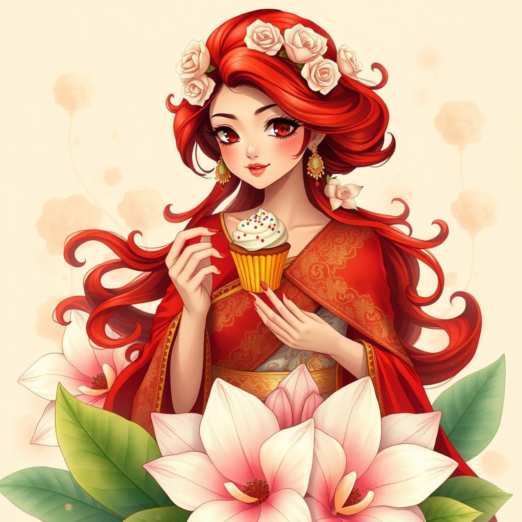 Anime Girl Sits Serenely on Blooming Flowers in Vibrant Past...