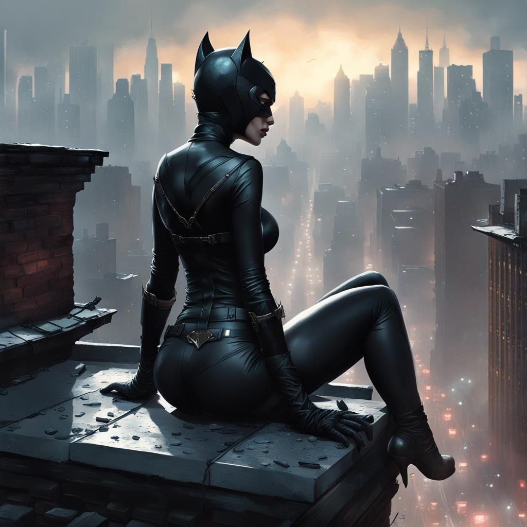 Catwoman Over Gotham: Hyperdetailed Digital Painting
