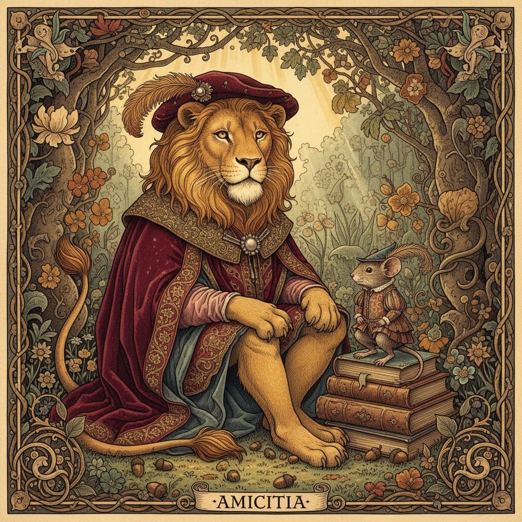 Renaissance Lion and Mouse Friendship with Magic Glow
