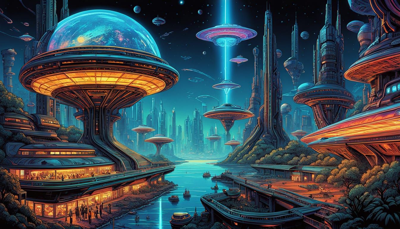 Psychedelic Sci-Fi Spaceport on Ringed Planet