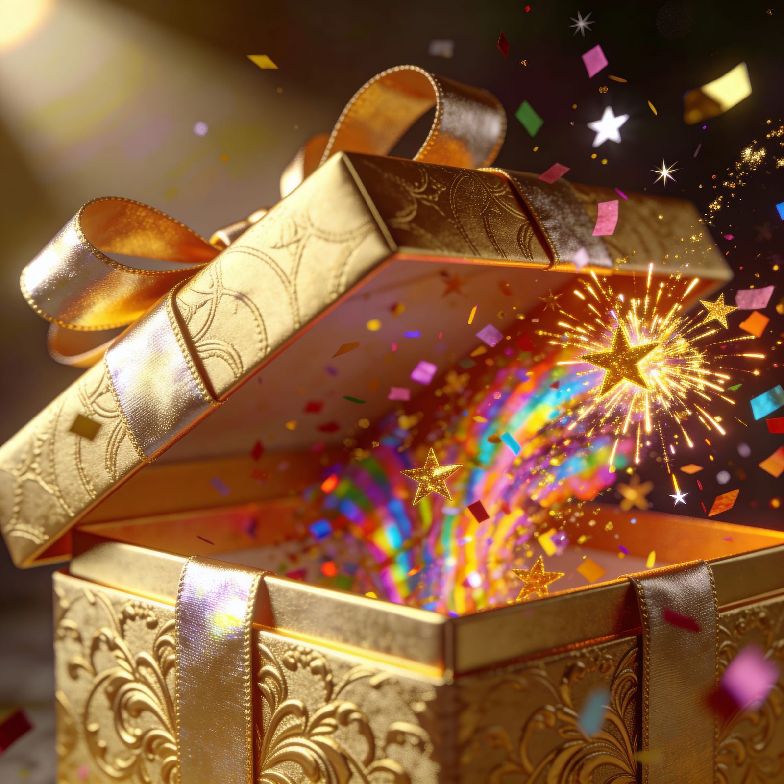 Golden Gift Box Bursting with Confetti and Stars