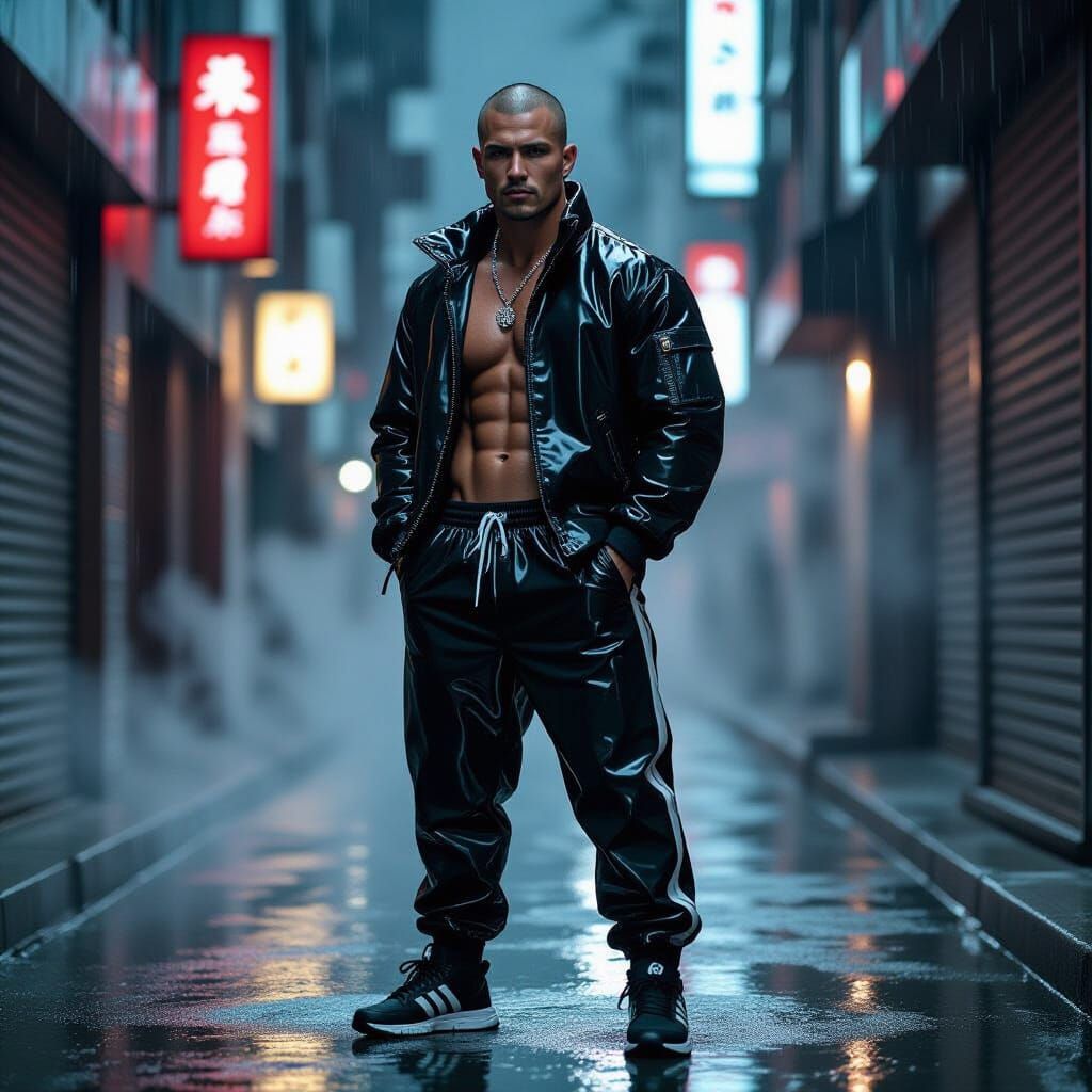 Rain-Slicked Neo-Tokyo Alleyway: Hyperrealistic Man in PVC T...