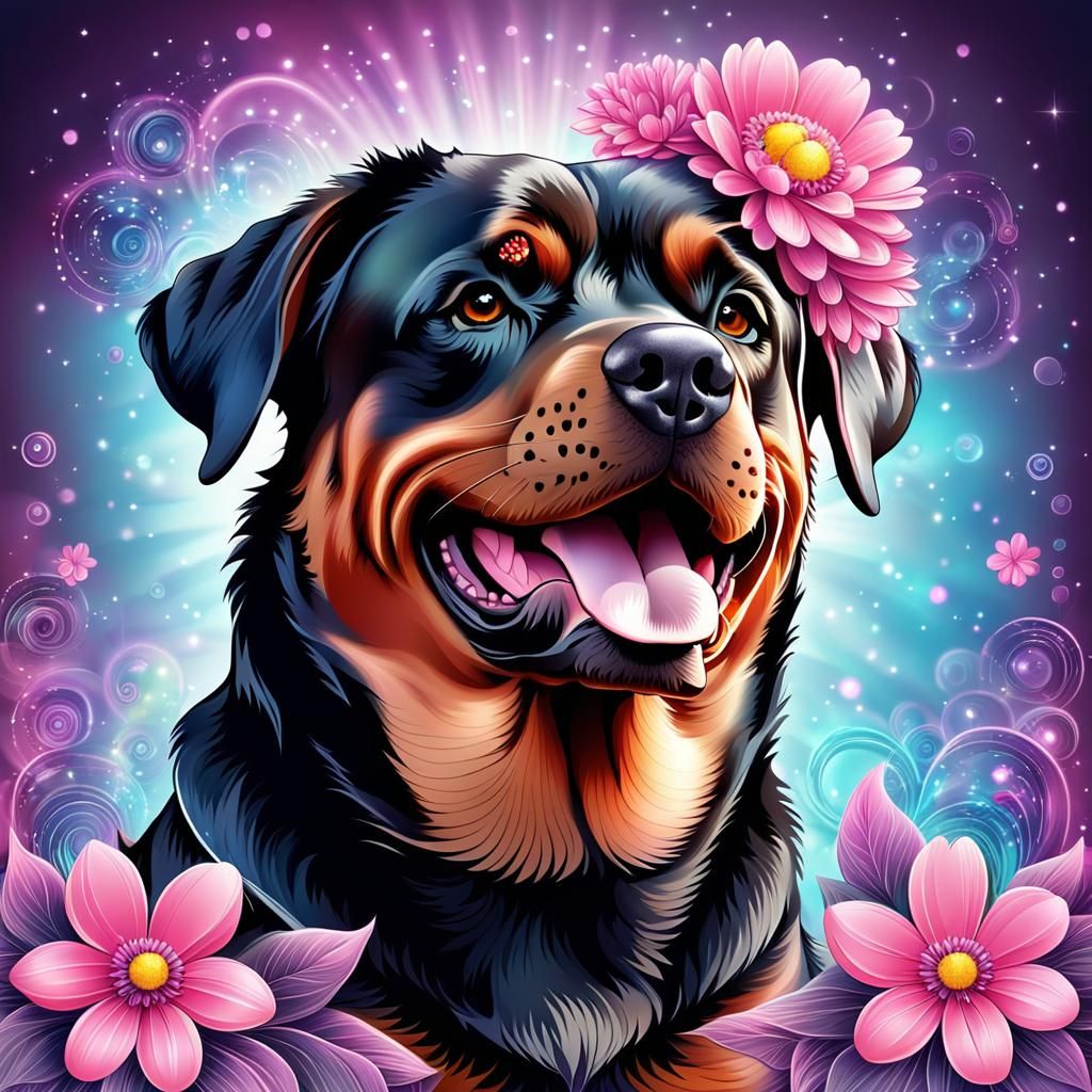 Happy Rottweiler with Flower in Abstract Vector Art