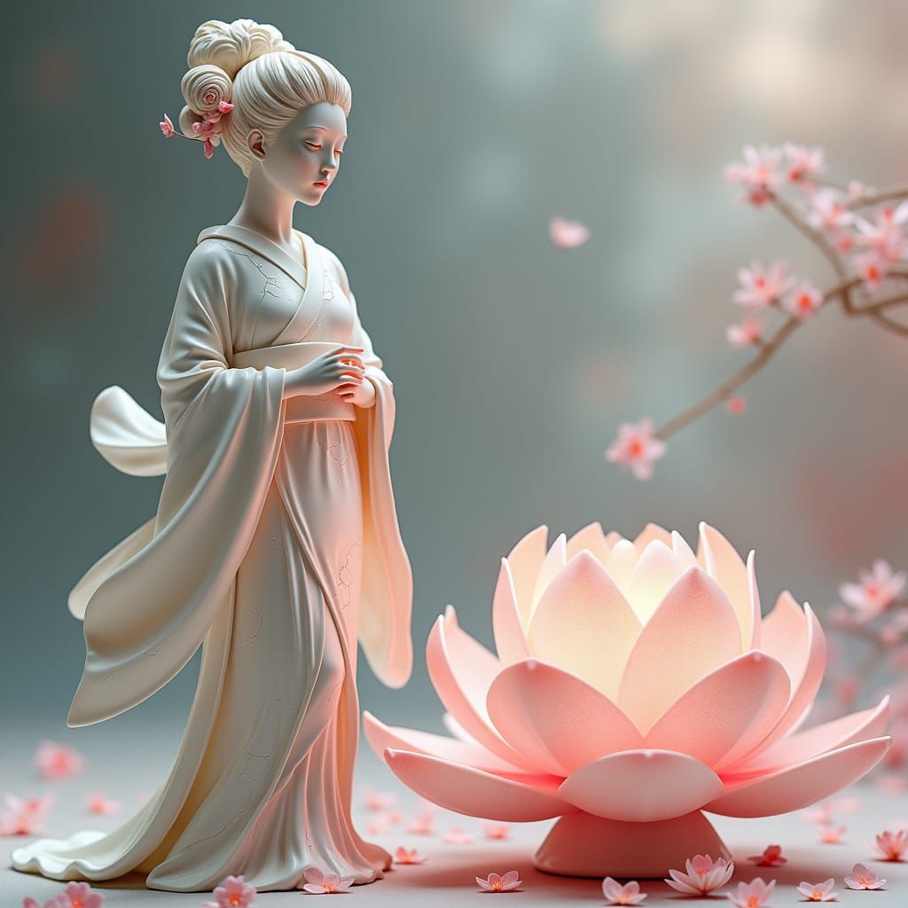Ethereal Porcelain Geisha with Lotus Lamp