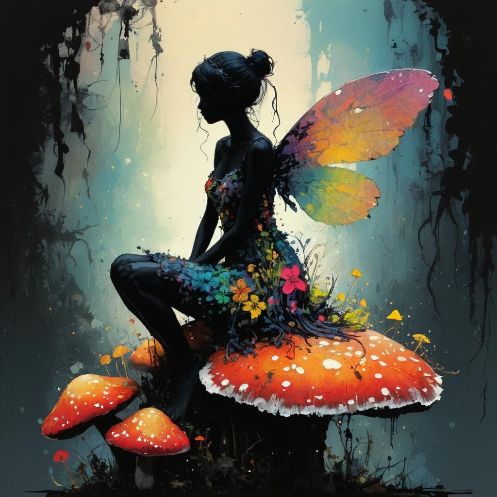 Fairy Silhouette on Mushroom in Tachisme Brushwork