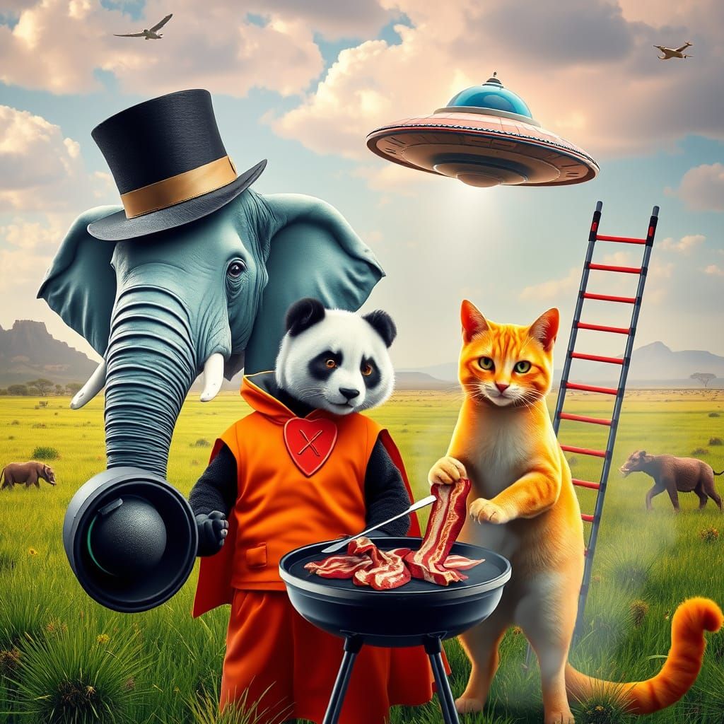Whimsical Fantasy World with Elephant, Panda, and UFO in Vib...