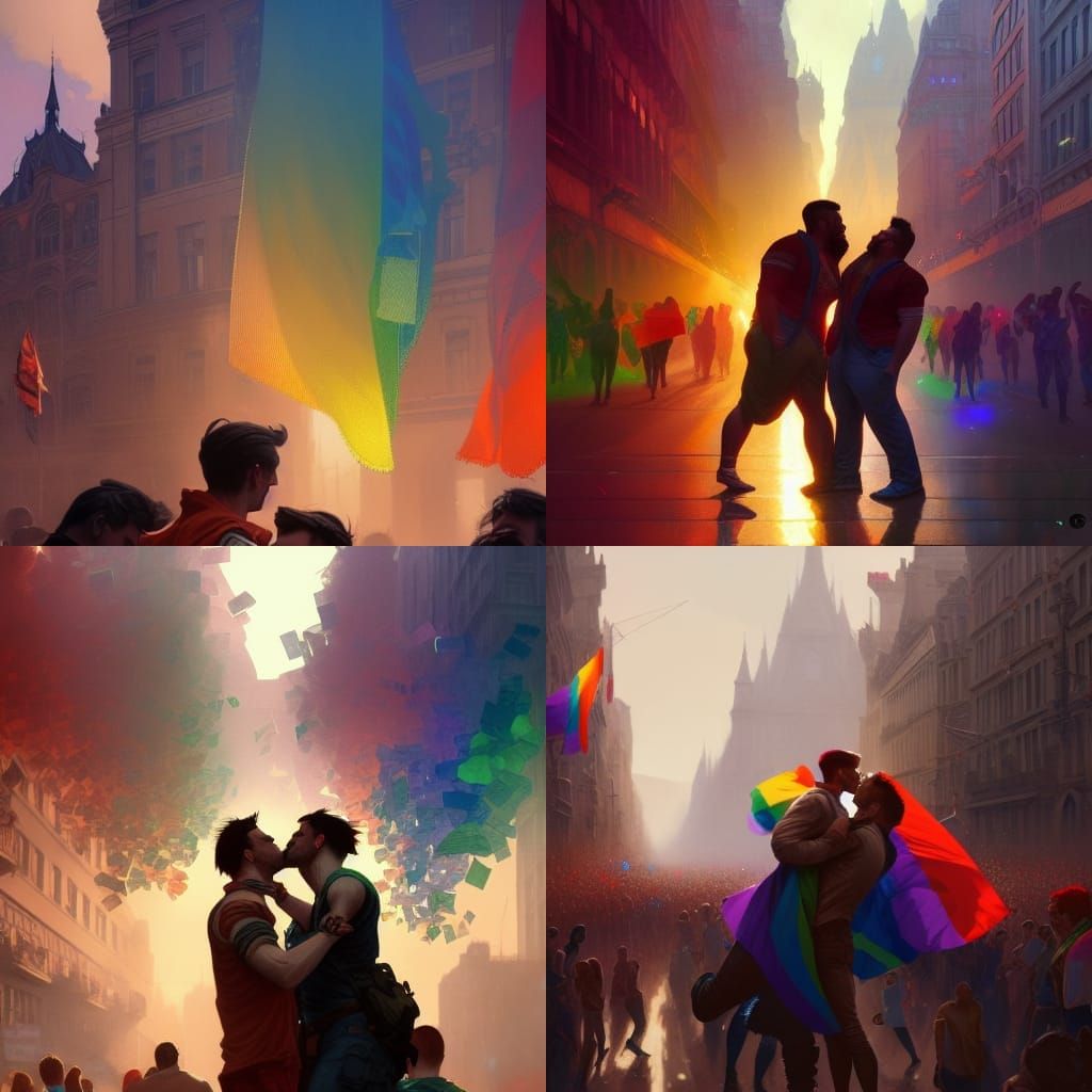 Gay Pride Parade Kiss: Hyperdetailed Concept Art