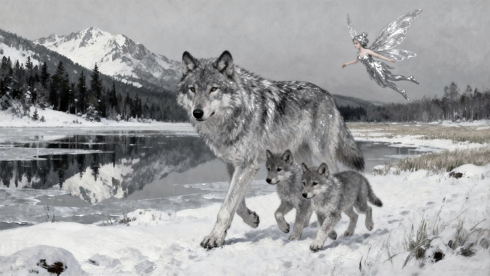 Gray Wolf Family in Snowy Landscape, Textured Oil Painting