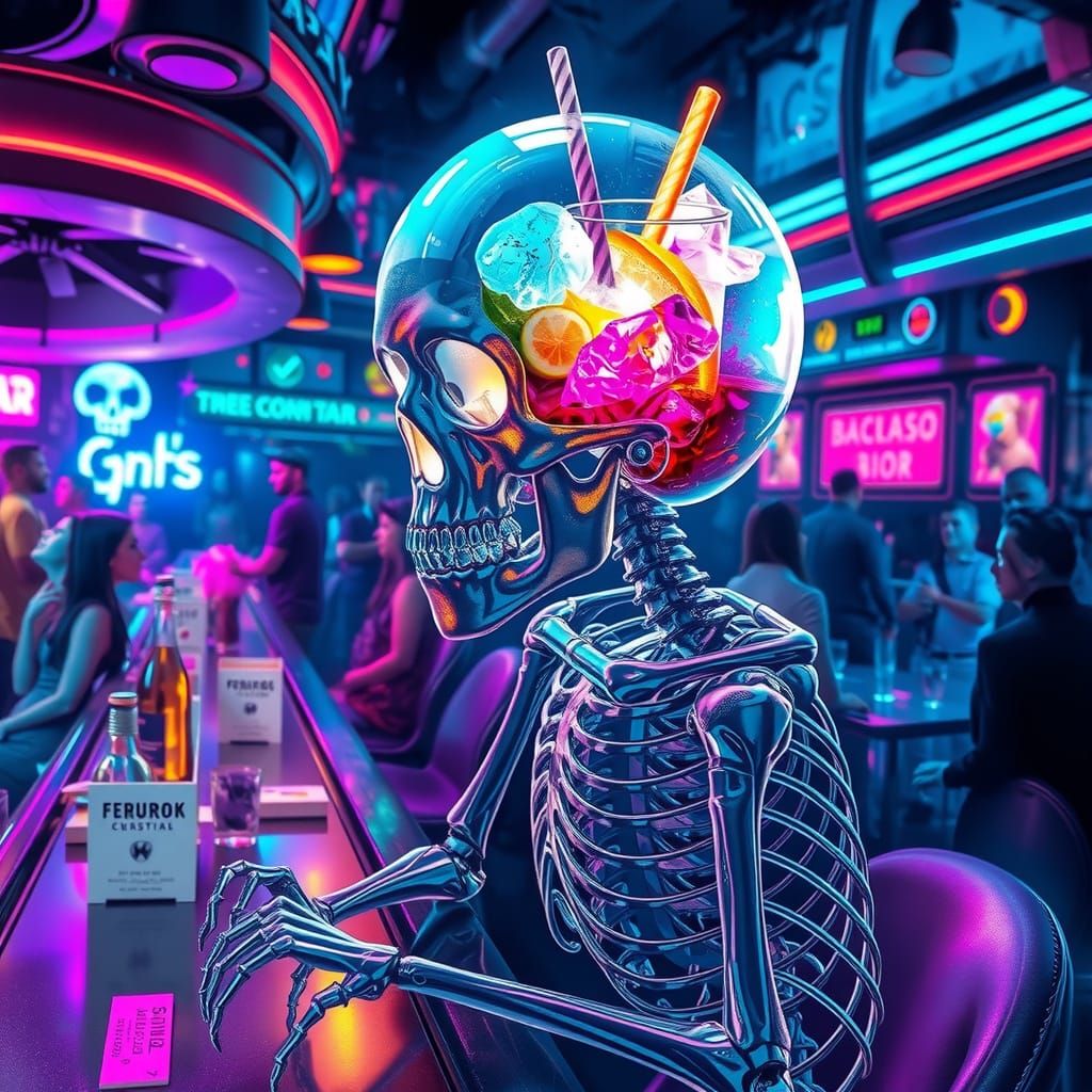 Crystal Skeleton at Neon Bar in Futuristic Style