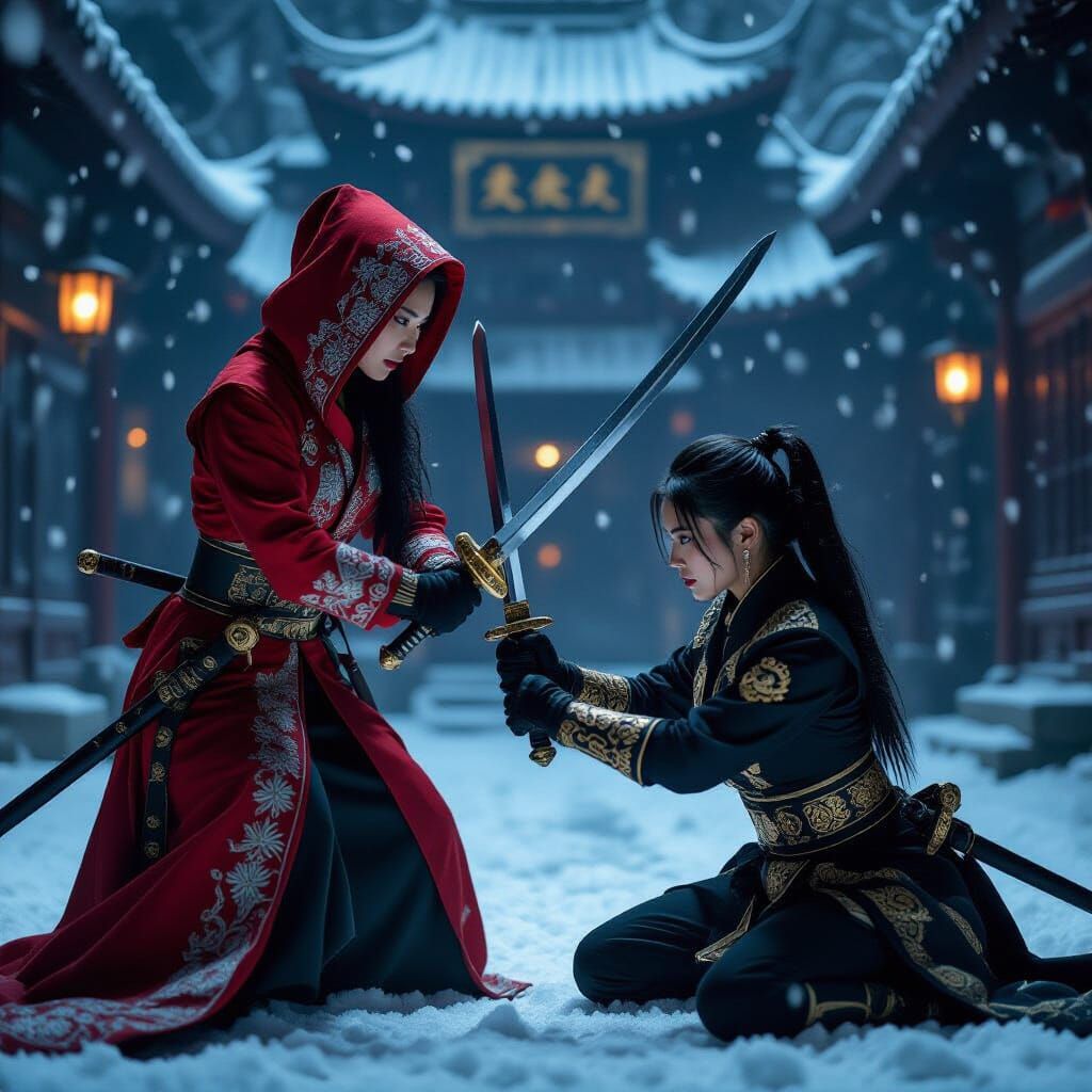 Asian Warrior Women Battle in Snowy Industrial Setting