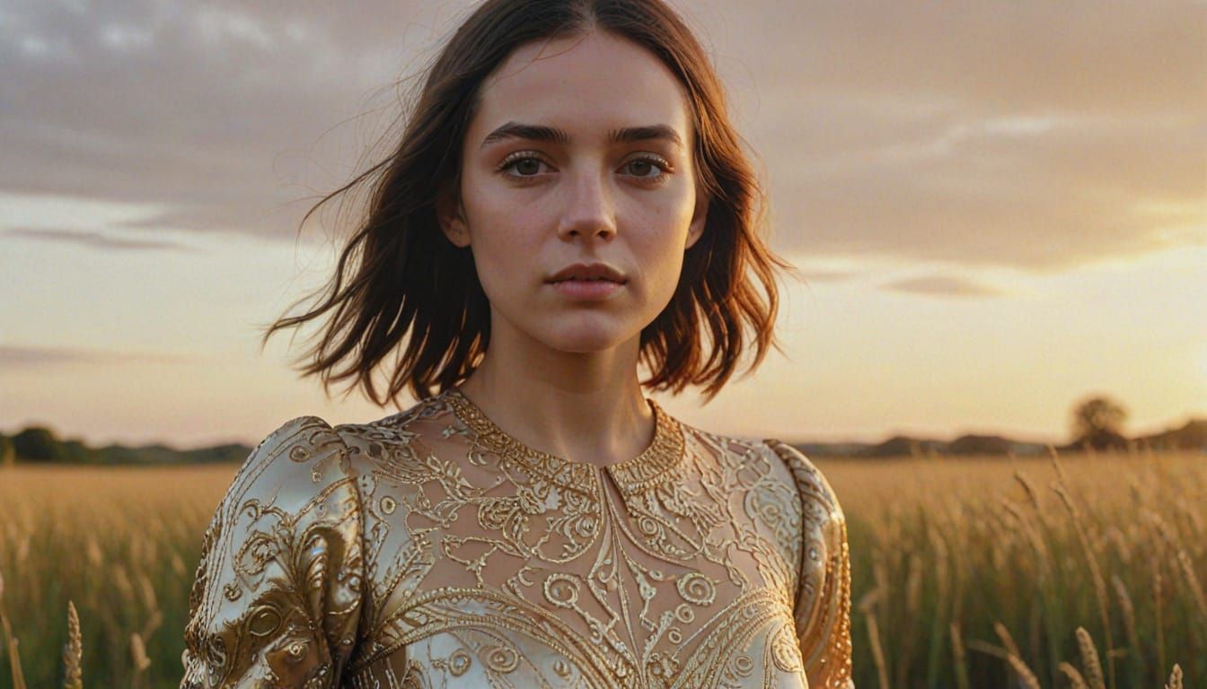 Woman in Field with Swirling Dress: Surrealist Oil Painting