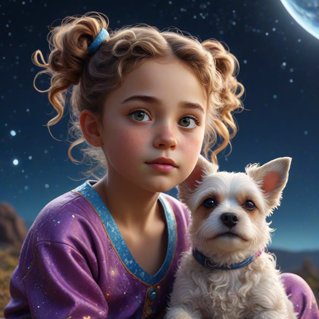 Girl and Dog Stargazing: Hyperreal Cinematic Scene