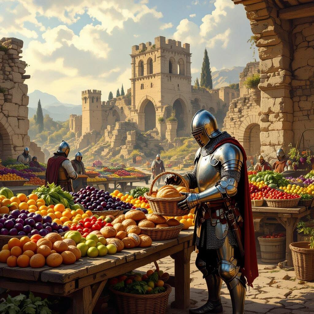 Renaissance Knight at Medieval Farmstand Ruins