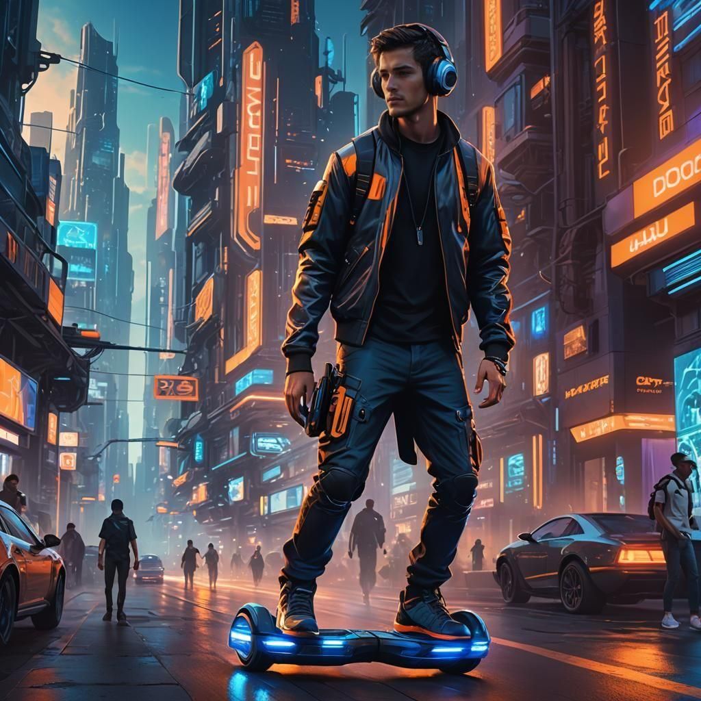 Futuristic Hoverboard Commute in a Matte Painting
