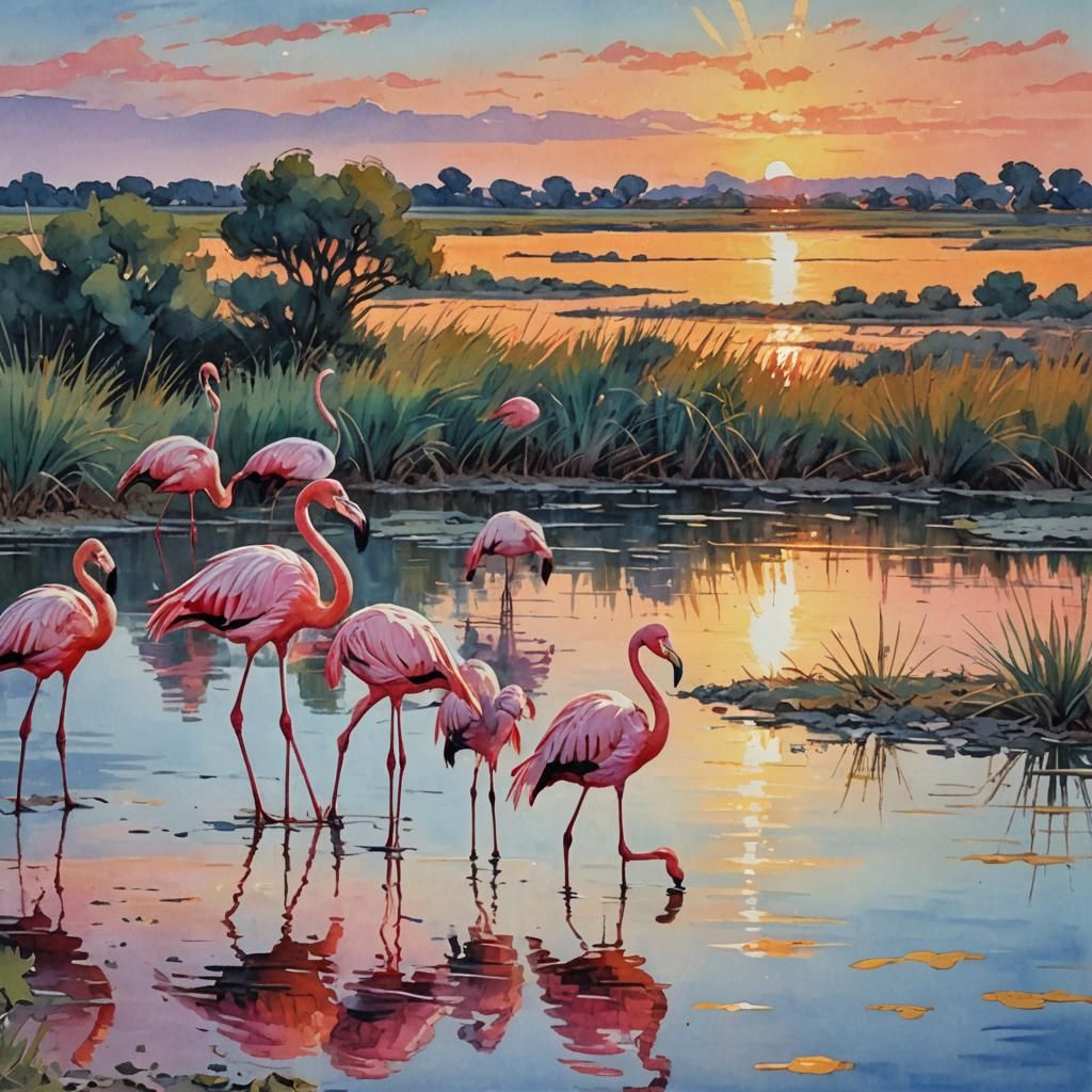 Flamingos in Camargue Sunset: Gouache Watercolor Impressioni...